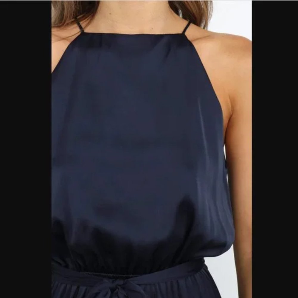 Petal & Pup Navy Blue Satin Seychelle Ruffle Tiered Midi Dress 10 - Picture 6 of 11